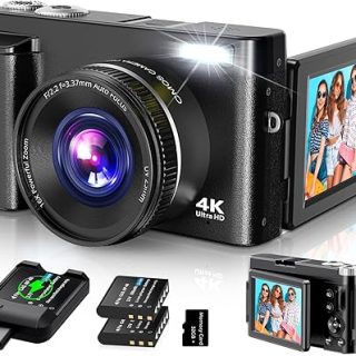 4K Digital Camera for Photography Autofocus, 2024 Latest 48MP Vlogging Camera for YouTube with SD Card, 2 Batteries, 3" 180°Flip Screen Compact Travel Camera for Teens with 16X Zoom, Anti-Shake,Black