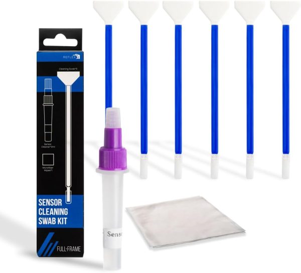 REFLEX CAMERA 8 Piece Camera Sensor Cleaning Kit 6 Full Frame Double end Swabs, 5ml Cleaner, Micro Fiber Cloth, Residue-Free Full Frame Cleaning Kit for Sony, Canon, Nikon DSLR and Mirrorless Cameras