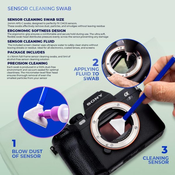 REFLEX CAMERA 8 Piece Camera Sensor Cleaning Kit 6 Full Frame Double end Swabs, 5ml Cleaner, Micro Fiber Cloth, Residue-Free Full Frame Cleaning Kit for Sony, Canon, Nikon DSLR and Mirrorless Cameras - Image 3