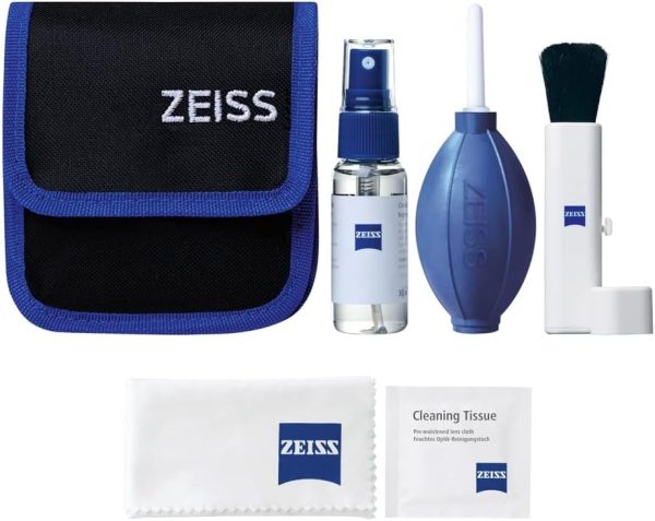 ZEISS Lens Cleaning Kit with 1 oz Bottle Lens Cleaning Fluid, 10 Moistened Wipes, Cleaning Brush, Air Blaster, Microfiber Cloth, and Case for Coated Lenses, Binoculars, Scopes, Cameras, and Glasses